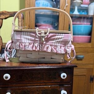 Longaberger Woven Picnic Basket Tote with Pink Lined Ruffle